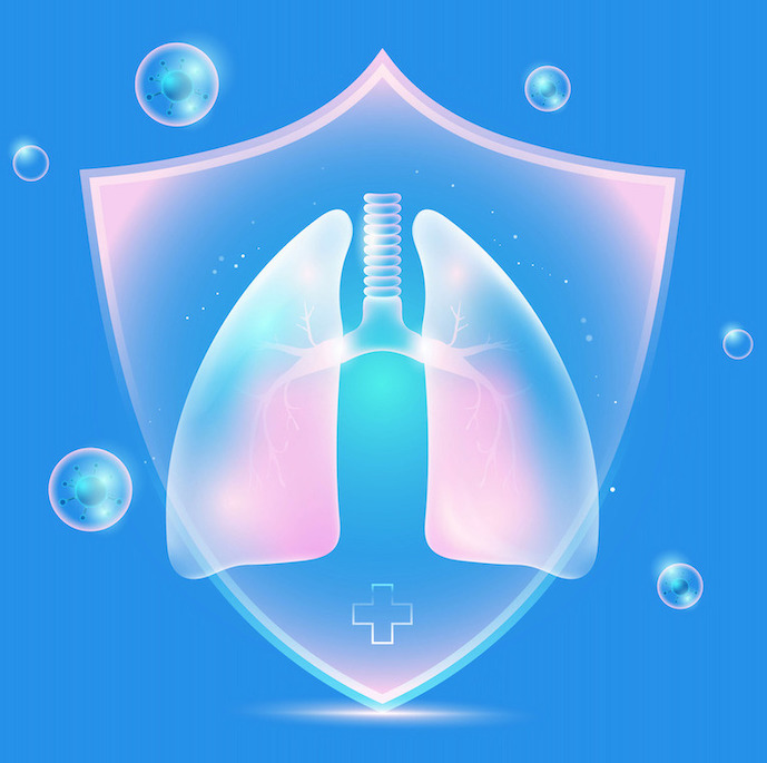 een schild met longen daarachter, blauwe achtergrond