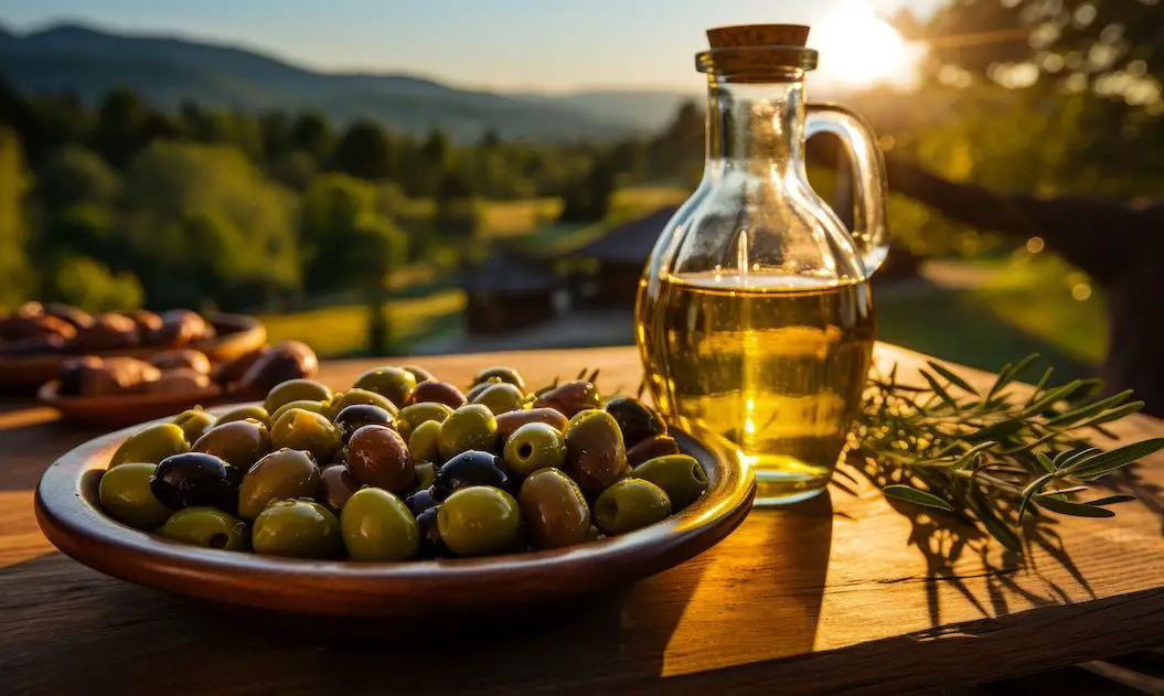 olijven en olijfolie op houten plank in een heuvelachtige omgeving