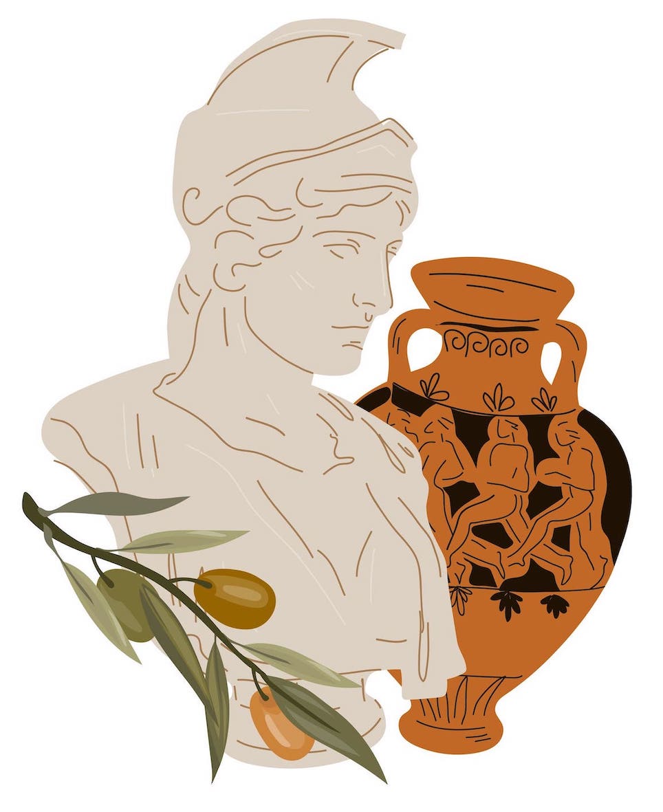 illustratie van romeins beeld met een olijventak en een pot 