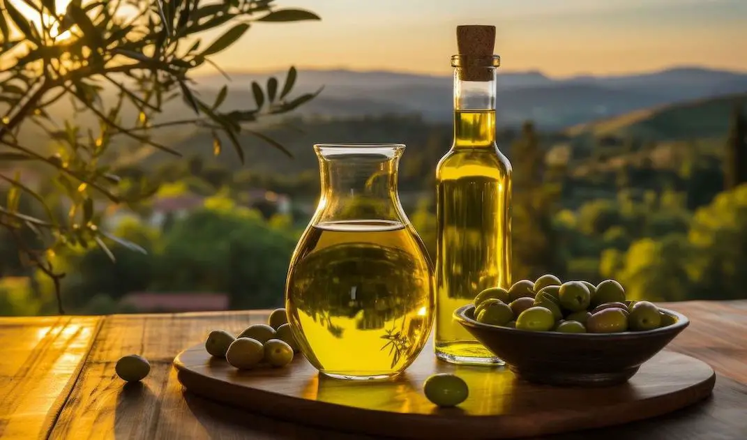 olijven en olijfolie op houten plankje met heuvelachtige achtergrond