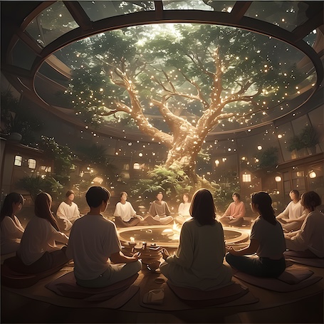 groep mensen zit in een rondje rondom een boom en mediteren