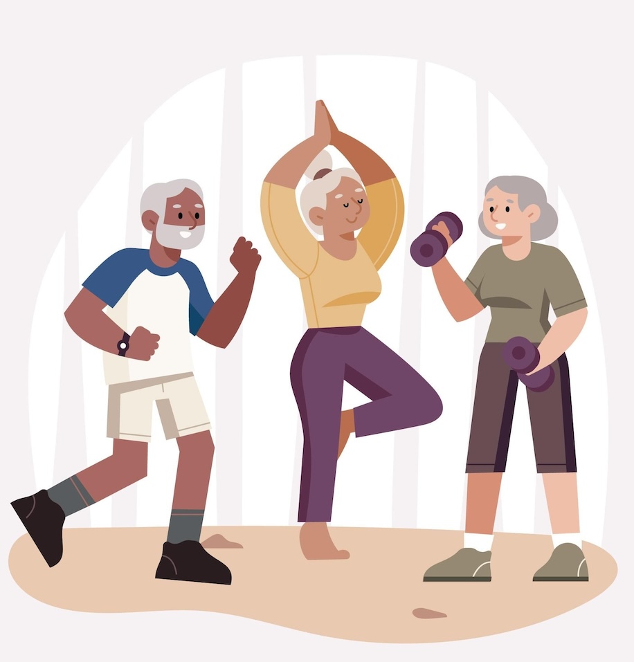 illustratie van drie ouderen die lichamelijk actief zijn
