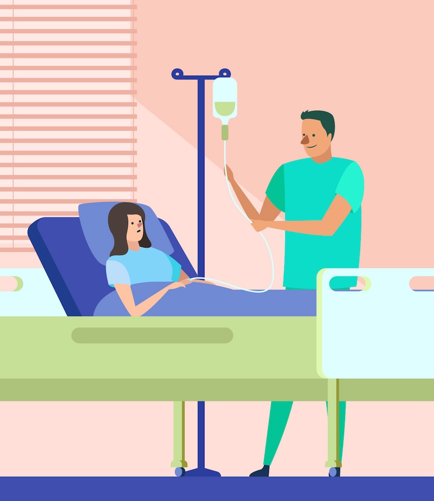 illustratie van een patient in een ziekenhuisbed met infuus en een verpleger aan bed