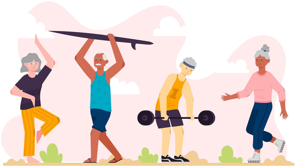 illustratie van oudere mensen die verschillende sporten doen