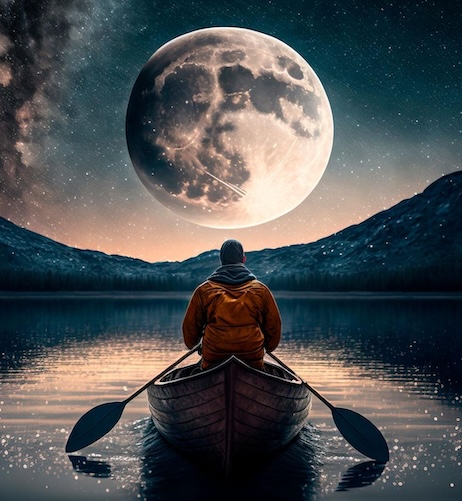 man op een bootje op een meer tijdens volle maan