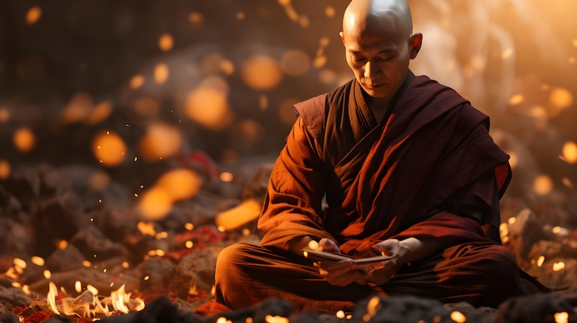 plaatje van zittende een boeddhist die in karma gelooft