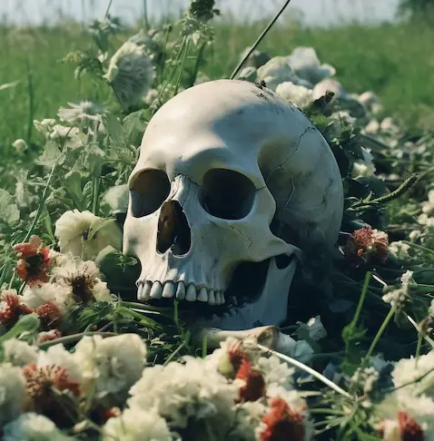 illustratie van een neppe schedel met bloemen in de natuur