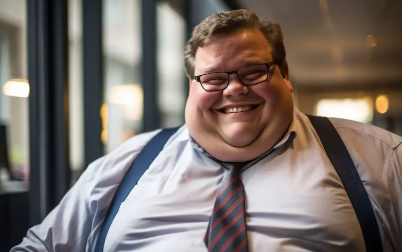 lachende obese man in pak op kantoor