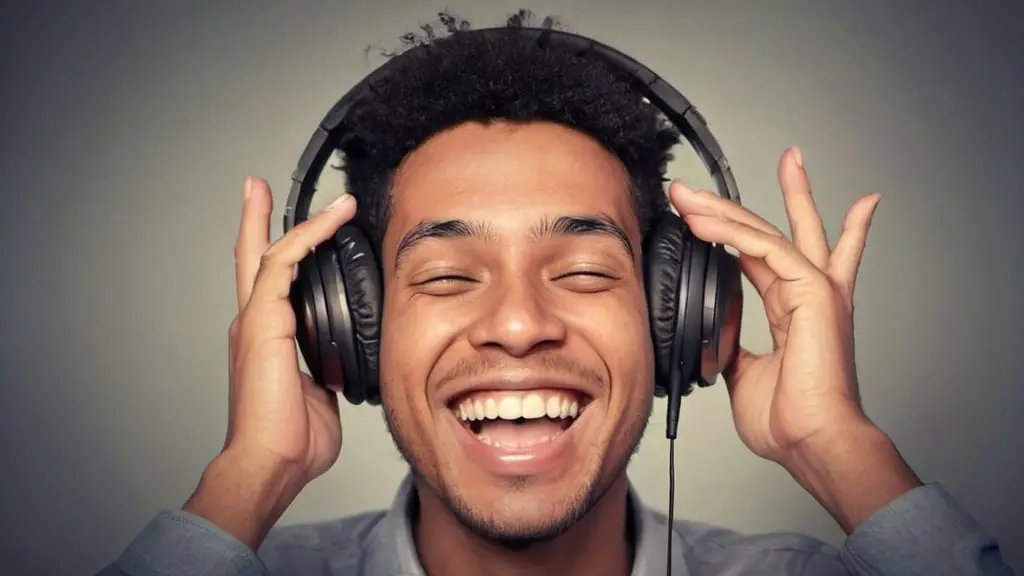 vrolijke man luistert naar muziek door zijn koptelefoon