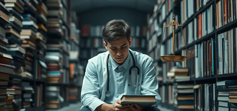 Jonge dokter in een bibliotheek wilt stoppen met geneeskunde