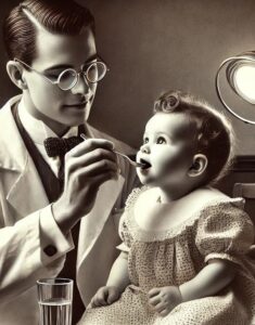 Jonge dokter geeft baby een lepel medicijn, zwart-wit foto uit 1940.